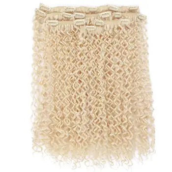 

22 Inches High Temperature Fiber Kinky Curly Clip in Synthetic Hair Extensions 7 Pieces/Set for Women Blonde Color Hairpieces