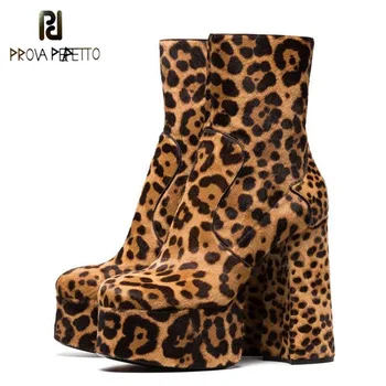 

Prova Perfetto 2019 Leopard Platform Boots Woman Round Toe Real Leather 13CM High Heel Boots Woman Fashion Ankle Boots