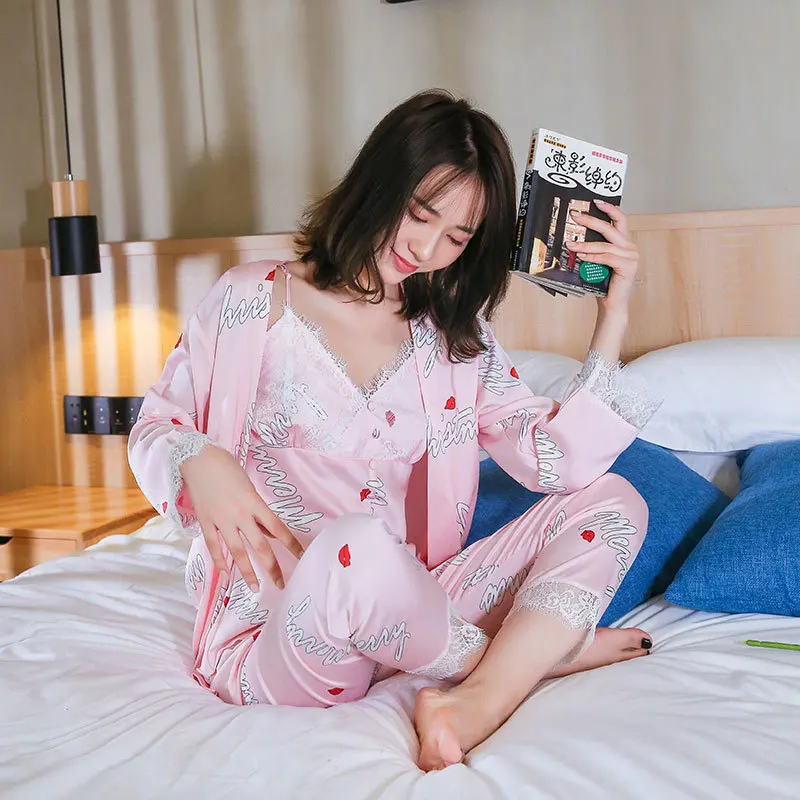 

Spring And Summer Women's Imitated Silk Fabric New Style Home Wear Printed Skirt with Shoulder-straps Women's Robes Three-piece