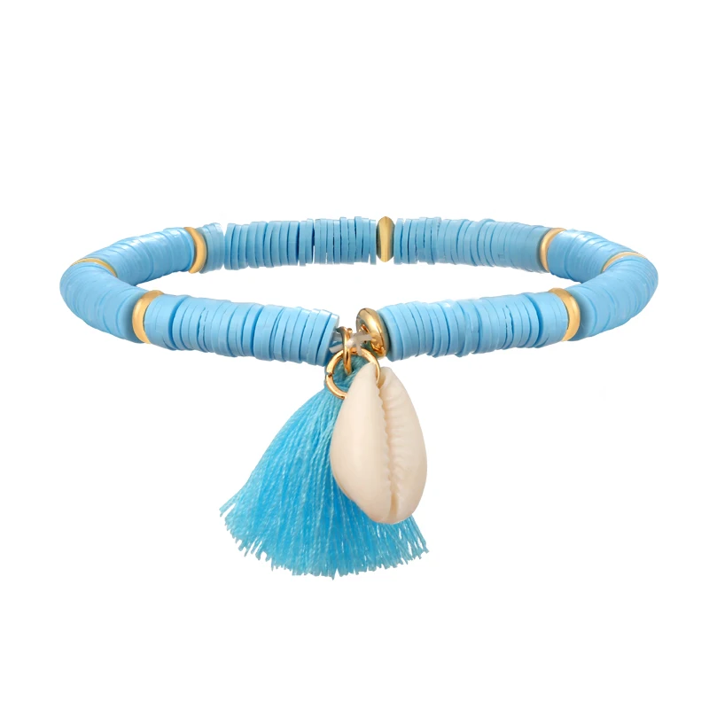 Разноцветные кисти ножной браслет в богемном стиле ювелирные изделия для женщин Акриловые бисером эластичная цепь ножной браслет - Окраска металла: sky blue