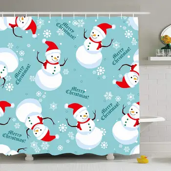 

Shower Curtain Set with Hooks 60x72 Snowman Pattern Merry Celebration Blue White Symbol Red Turquoise Miscellaneous Christmas