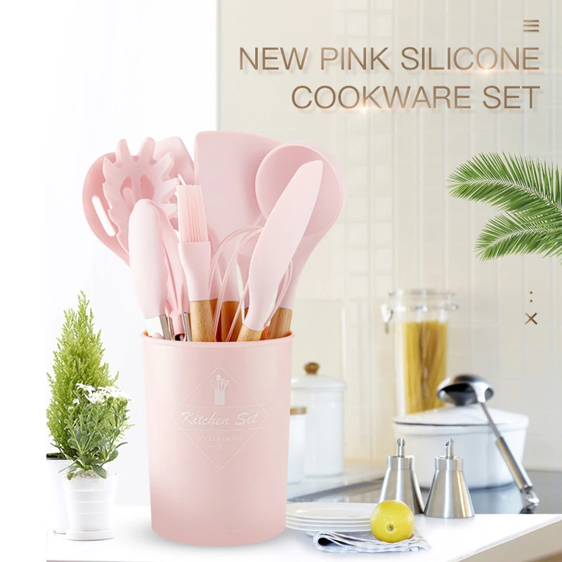 

Silicone Cooking Utensils Set Non-stick Spatula Shovel Wooden Handle Cooking Tools Set With Storage Box Kitchen Tools