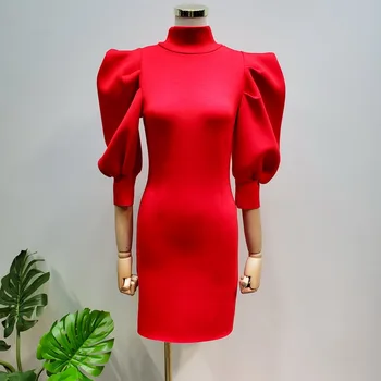 

Autumn winter vintage lantern sleeve space cotton dress women stand collar slim a-line thick dress