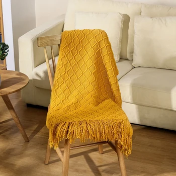 

130x170cm Outdoor Travel Knitted Throw Blanket Solid Color Office Siesta Sofa Throw Blanket Tassels Air Condition Blanket
