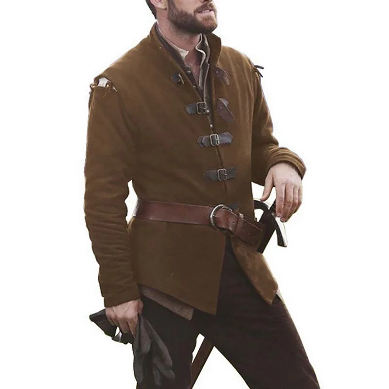 Мужская винтажная куртка в готическом стиле рыцарская одежда для вечерние Ретро стимпанк куртка с поясом сценический костюм - Цвет: dark brown