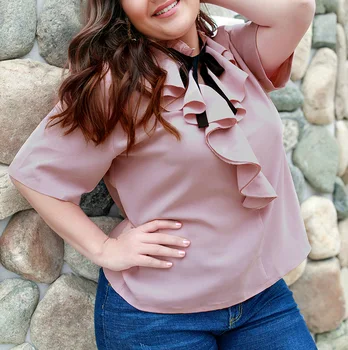

Summer Women Ruffled Neck Short Sleeve 4XL Plus Size Solid Blouses Fashion Casual Big Size Loose Tops Female Elegant Pullover