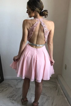 

Unique Lace Appliques Tops Beads Belt Chiffon Short Cocktail Party Homecoming Dresses vestidos de coctail