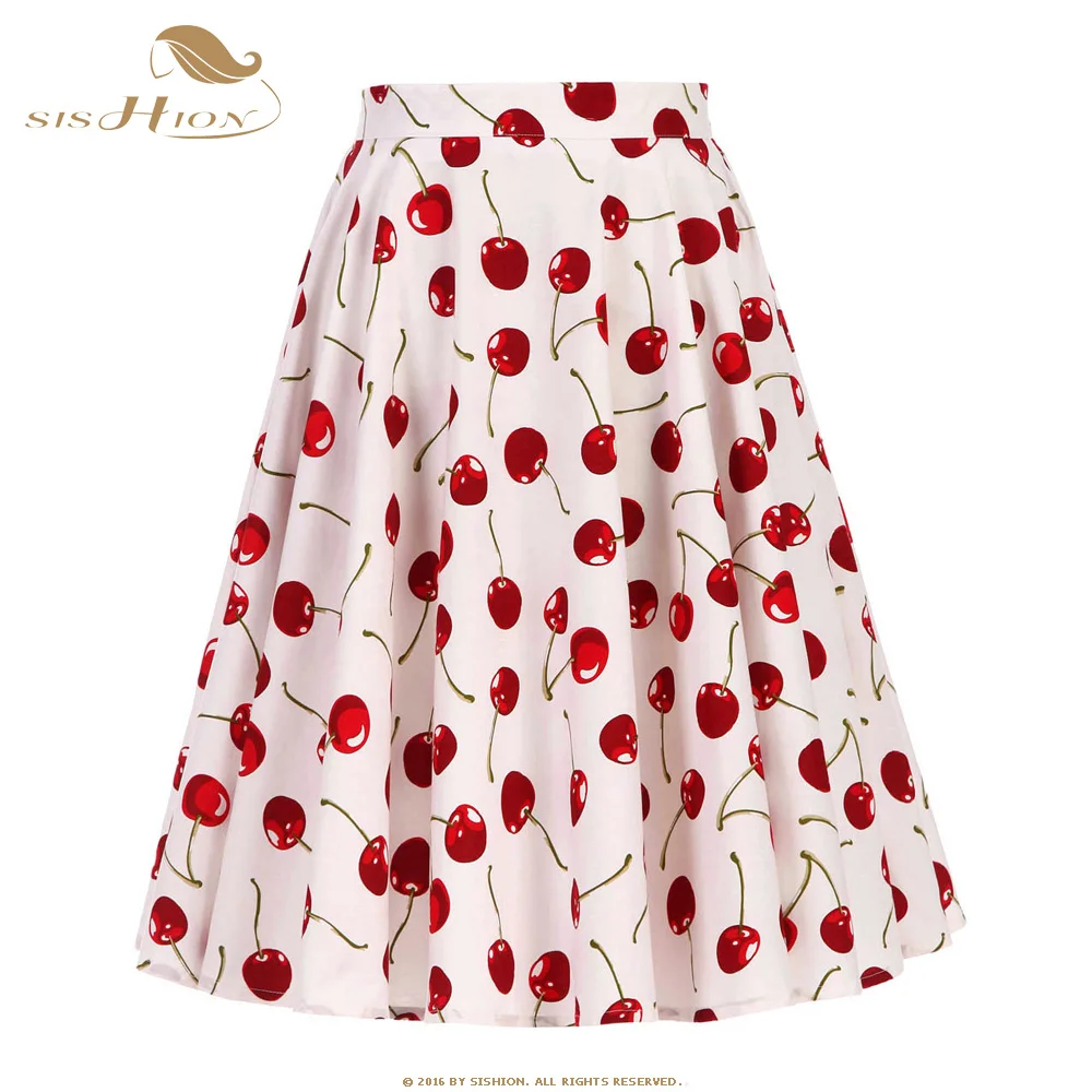 White cherry SISHION, осенние женские юбки с высокой талией, хлопковые, в горошек, с цветочным рисунком, Свинг, на булавке, 50 s, Ретро стиль, винтажная юбка, jupe femme SP0677 - Цвет: White cherry