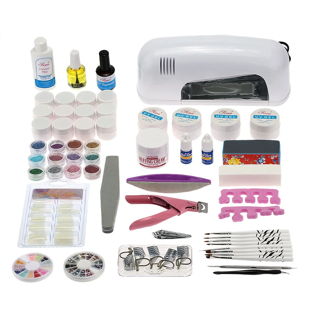 

Professional Nail Art Manicure Kits Decoration 9W Lamp UV Gel Tool Brush Remover Nail Tips Glue Acrylic Kits DIY Set