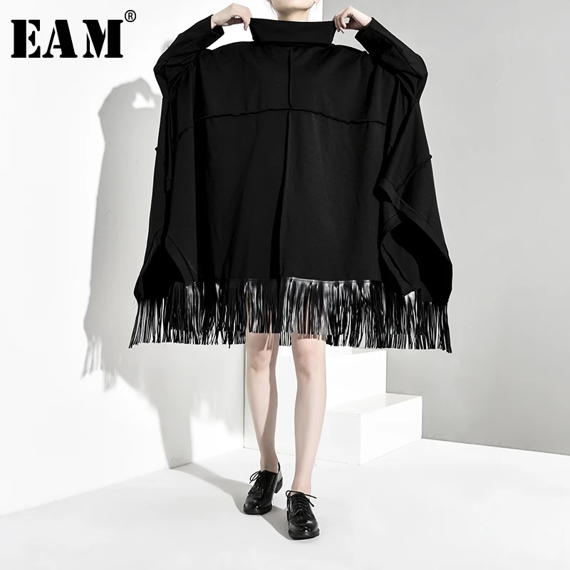 

[EAM] Loose Fit Black Batwing Sleeve Big Size Sweatshirt New High Collar Women Big Size Fashion Tide Autumn Winter 2019 1B053