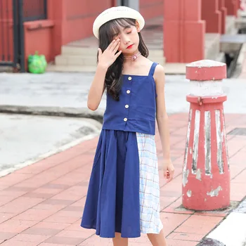 

Teenage Girls Clothing Sets 2020 Summer Fashion Big Girl Plaid Button Tops With Elegant Skirts 2Pcs Set Two Piece Kids Outfits