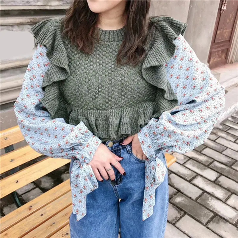 green sweater women RealShe свитер женский круглый вырез длинный рукав оборки кашемировый свитер женский поддельный комплект из двух предметов осенний Повседневный свитер женский - Цвет: green sweater women