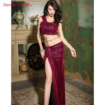 

Women Belly Dance Performance Set Dance Suit Costume top+skirt 2pcs Oriental Dance Dance Shiny Suit