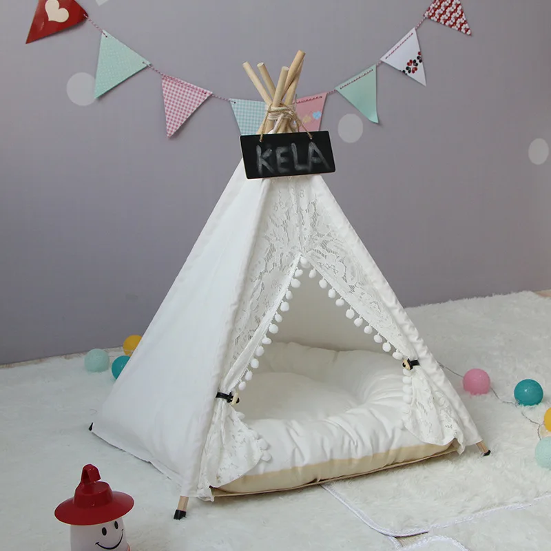 RFWCAK Lace Pet Tent Dog House Washable Winter Tent Puppy Bed Cat Kennel Portable Teepee With Cushion Kattenmand Pet Supplies