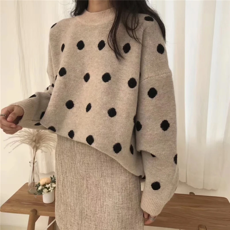 

Dots Print Knitted Sweater Women Autumn Winter Jumper Pullovers Korean Thicken Sweater Long Sleeve Rabbit Cashmere O-Neck V528