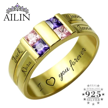 

AILIN Customized Women Men's Ring With Birthstone Four Stone Grooved Ring Personlized Family Name Rings Mother Fathers Day Gifts