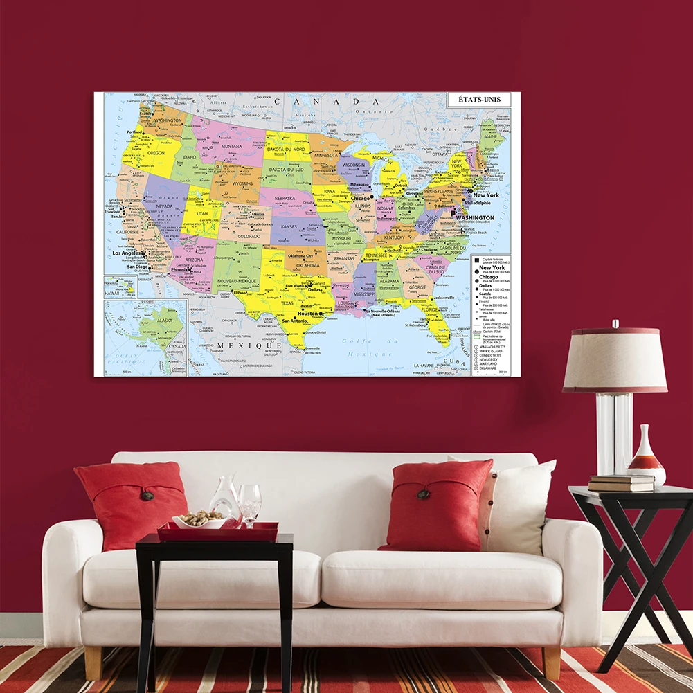 The United States Political Map America Map Wall Poster 150*100cm Non-woven Canvas Painting School Supplies Home Decor In French world map poster