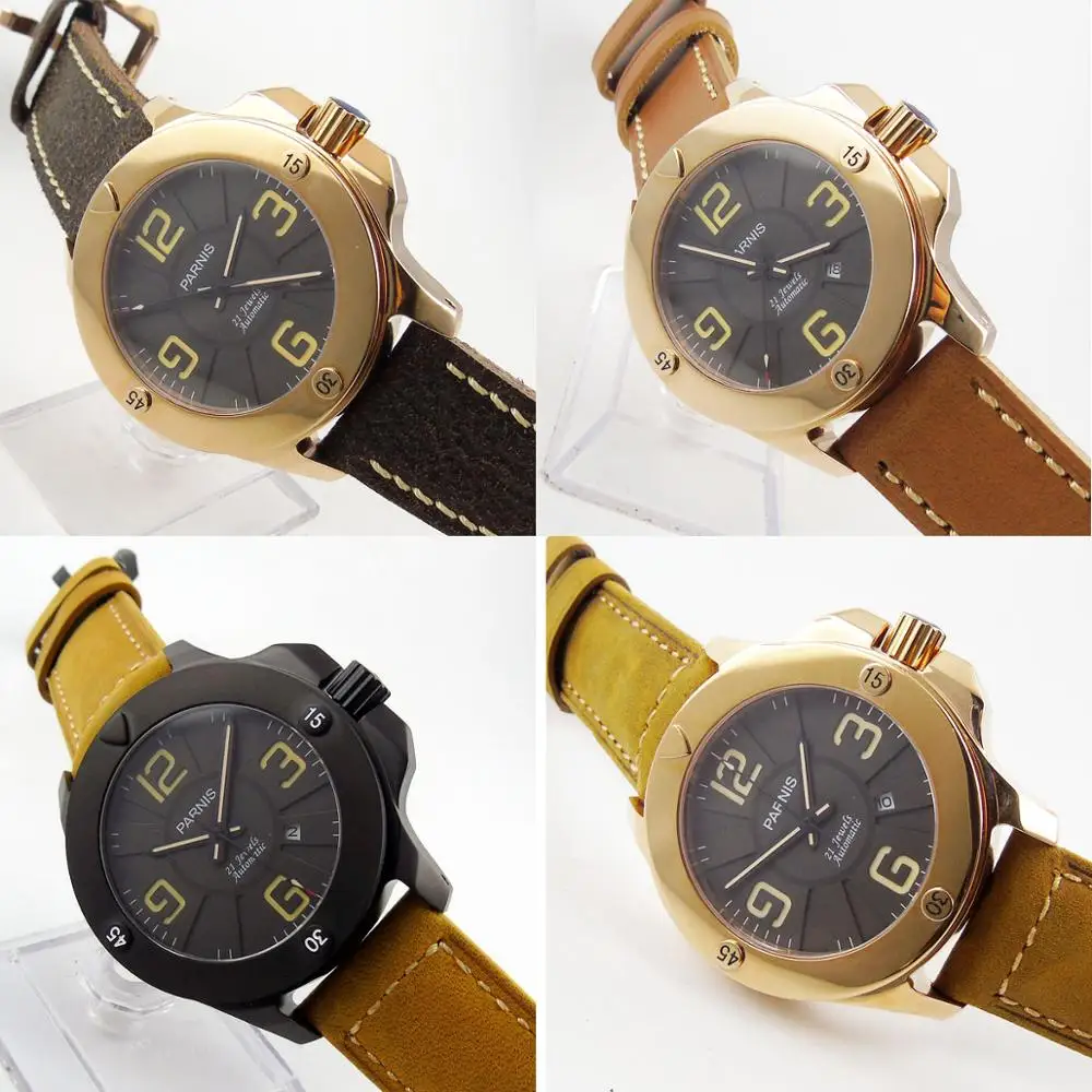 

PARNIS 47mm Special Design Cool Sapphire Glass Men's Watch Automatic Movement Rose Gold/PVD Watch Case Auto Date