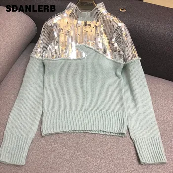 

Neheavy Handmade Sequined Sweater Panel Mohair Peak Green Sweater Top Women's Sweater Jumper Pullover Ladies Pull