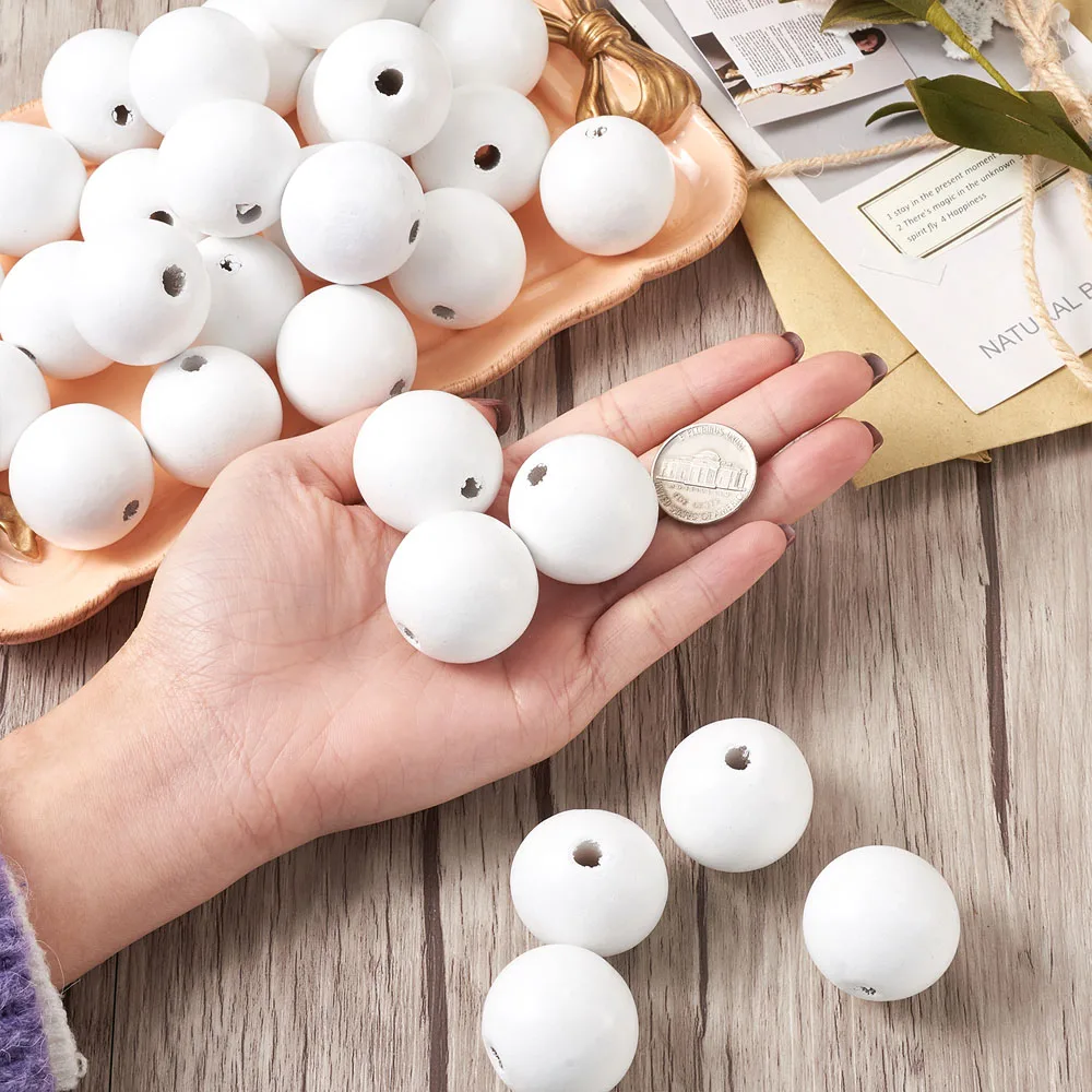 25mm 30mm Large Hole Natural White Wood Beads Spacer Round Balls for DIY Jewelry Craft Making Xmas Wooden Garland 50/100pc