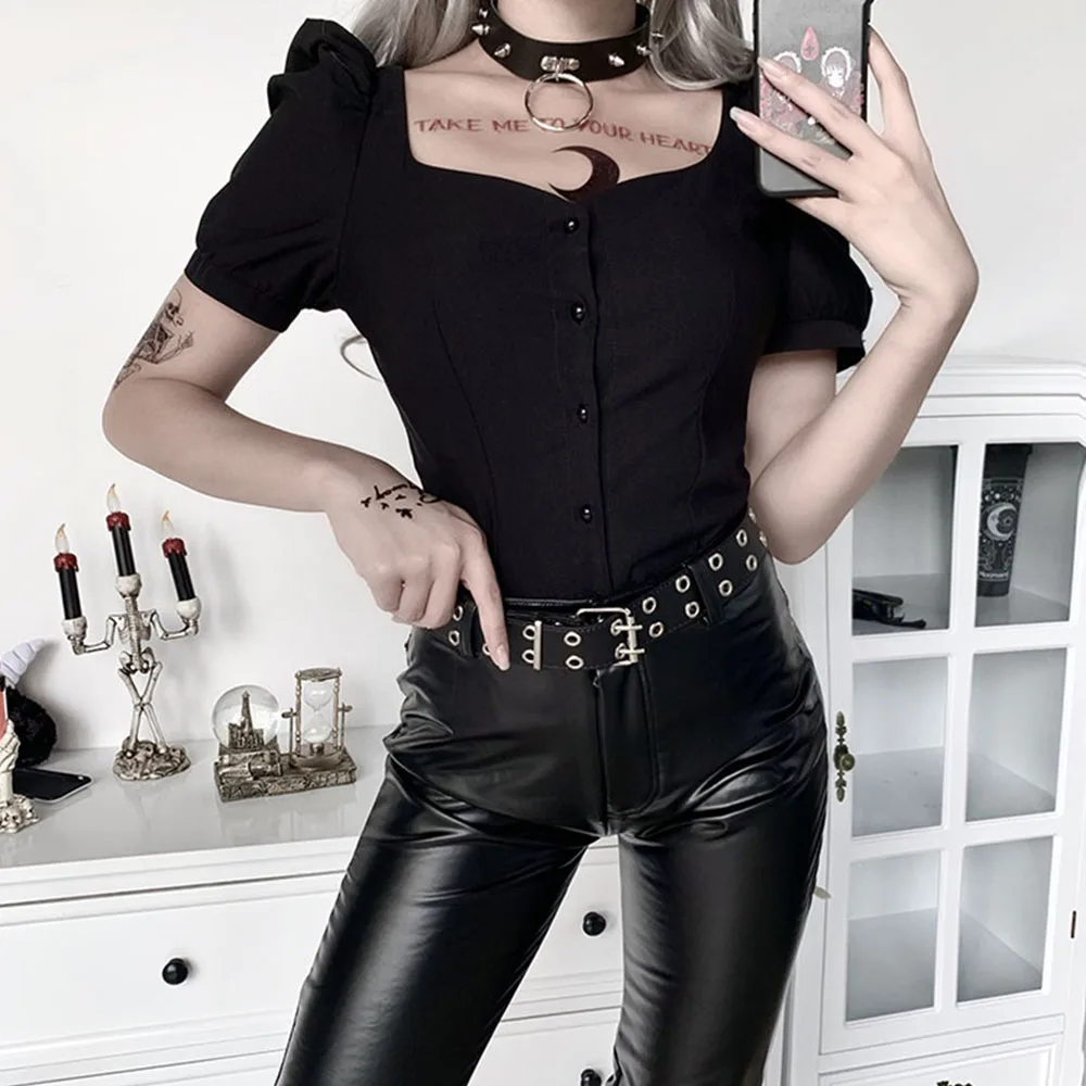 Rosetic Gothic Shirt Women Black Blouse Short Sleeve Retro Blouses Button Slim Chic Summer Tops Girl 2020 Fashion Design Shirts
