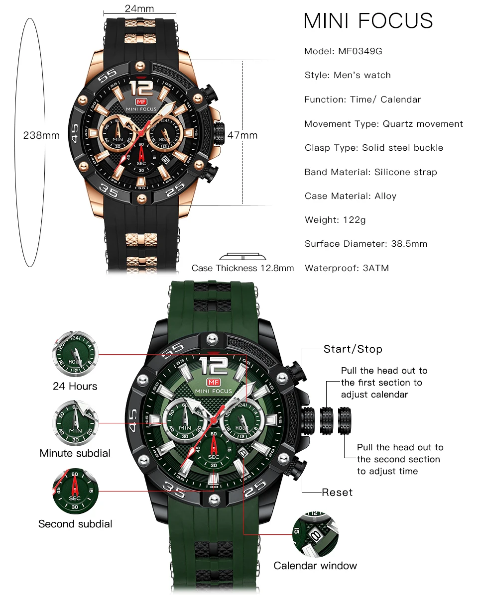 Military Mens Watches Quartz Clock Silicone Strap Multifunction Luminous Sports Casual Watch MINI FOCUS