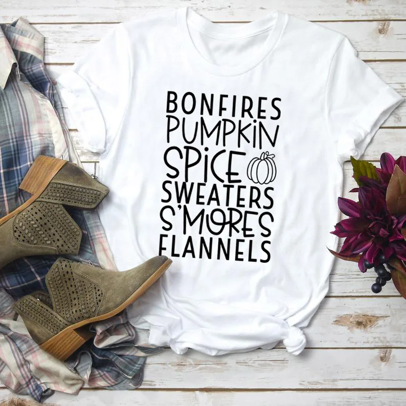 white tee black text Bonfires/свитера с изображением тыквы и специй; фланелевые футболки; Осенняя желтая одежда; Футболка с принтом тыквы для Хэллоуина; популярный топ с принтом тыквы - Цвет: white tee black text