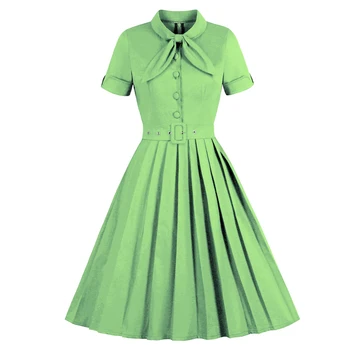

Green Vintage Midi Pleated Dresses Bow Tie Neck Button Up Elegant Female Belted Pin Up Retro 50s Dress Summer Clothes for Women