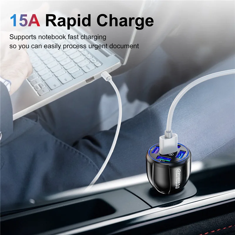 15A 5 Ports USB Car Charger Adapter for iPhone 12 Xiaomi Huawei Mobile Phone Tablet
