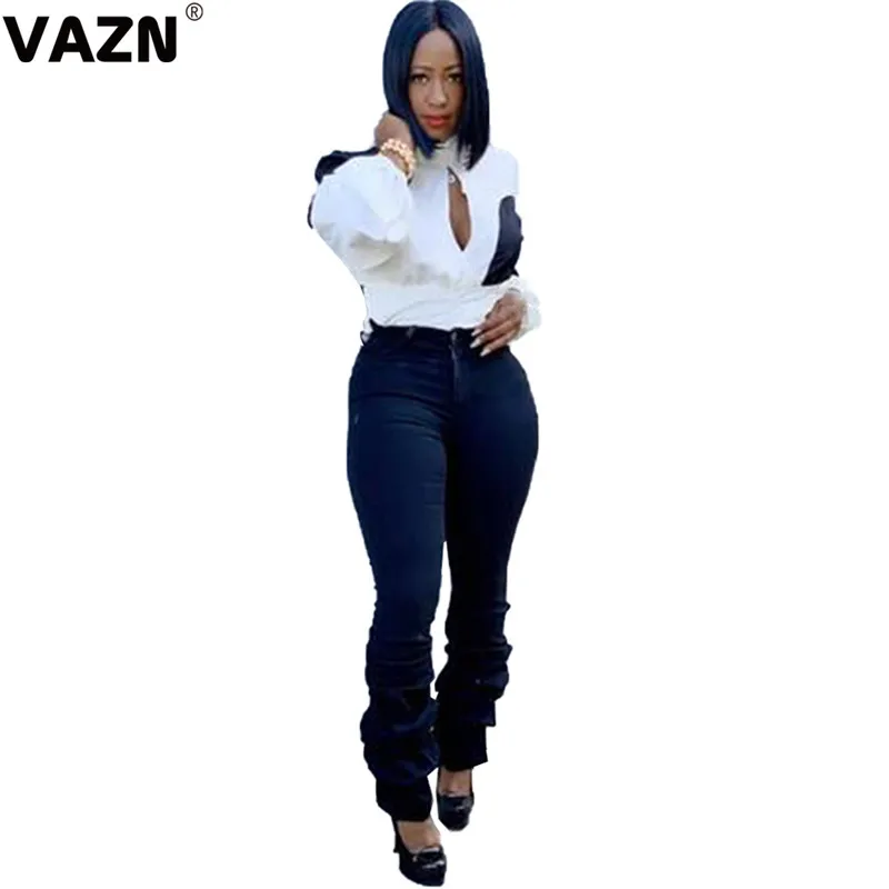 VAZN Hot White Splice New Women Fashion Elegant Casual Long T-Shirt O-Collar Full Sleeve Women T-Shirt
