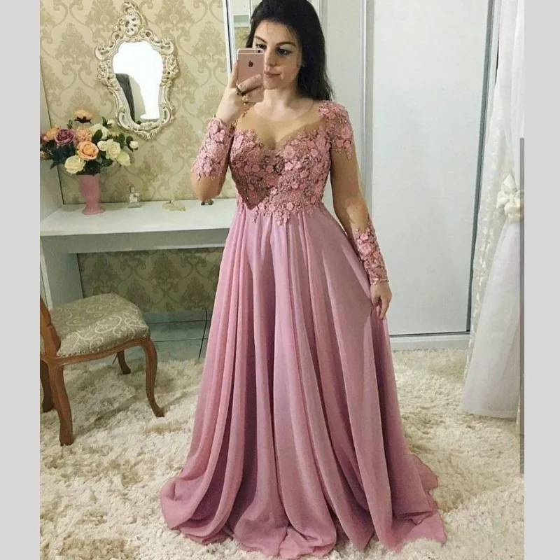 Plus Size Mother Of The Bride Dresses Lace Appliques Full Sleeves Sheer Neck Chiffon Beaded Mother Evening Gowns