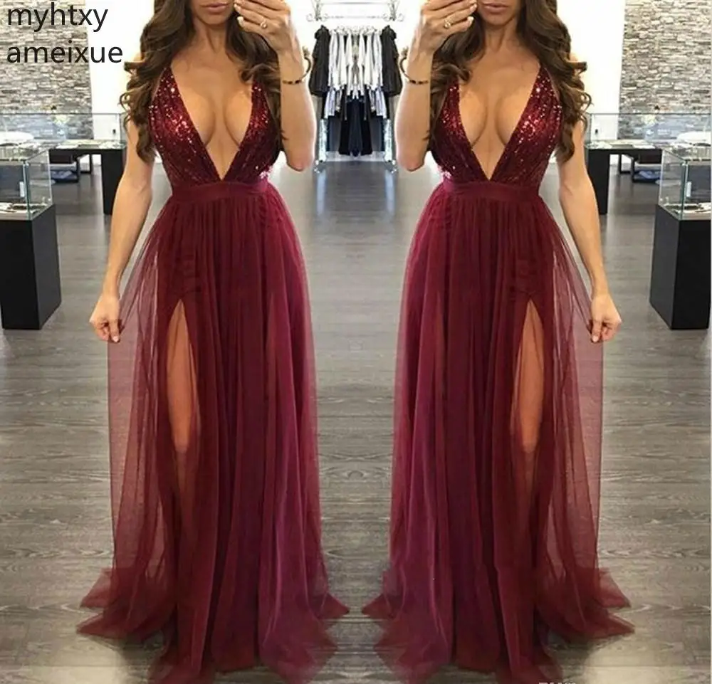 

Sexy Burgundy Sequined Red Prom Dresses 2019 Sleeveless Plunging V-neck Formal Cheap Party Gowns Plus Size Custom Made Elegant
