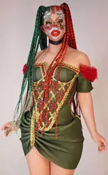 Christmas Off Shoulder Asymmetrical Green Rave Carnival Dress Plaid Nightclub Dance Show Wear Role Playing Costume Stage Wear