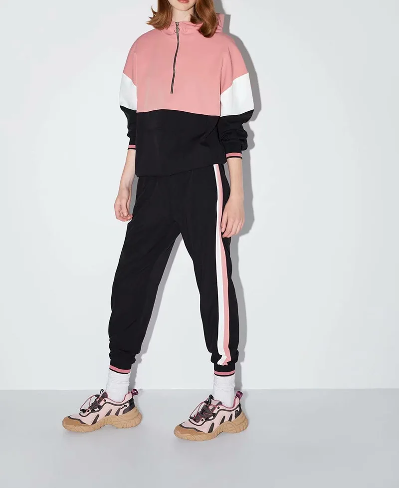 

Overplus of Goods Exported to Europe And US Autumn Pink Black Mixed Colors Women's Hoodie with Sleeves + Side Edge Strap Casual