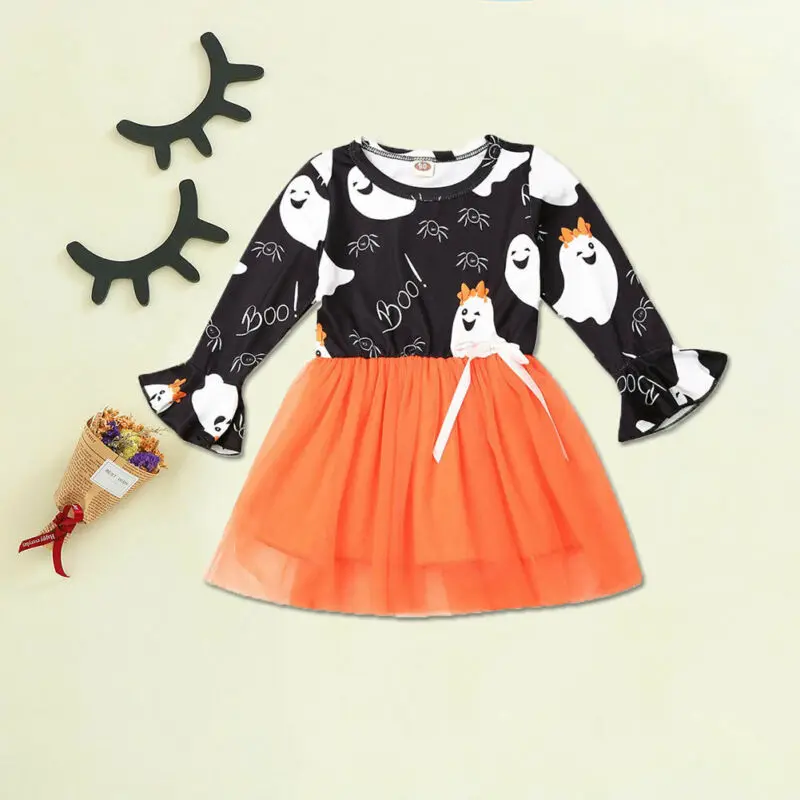 

Infant Baby Girl Kid Long Sleeve Halloween Cute Ghost Dress Skirt Clothes Tulle Dresses