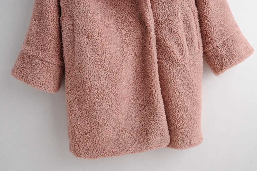WT672 Европейский дизайн женские с длинным рукавом Зубчатый воротник розовый цвет Искусственный мех флисовое пальто осень зима теплая верхняя одежда