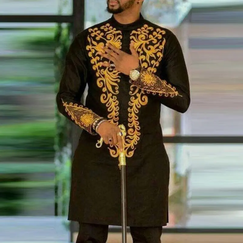 

Stand Collar Color Block Men's Dashiki African Tops Luxury Golden Printed Africa Black Long Sleeve Riche Long Shirts for Dashiki