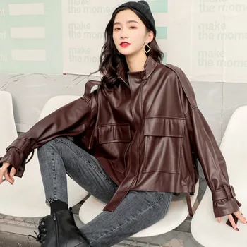 

LANMREM 2020 Spring New Fashion Solid Color Stand Collar Long Sleeve Loose Double Pocket Leather Jacket Women PB599