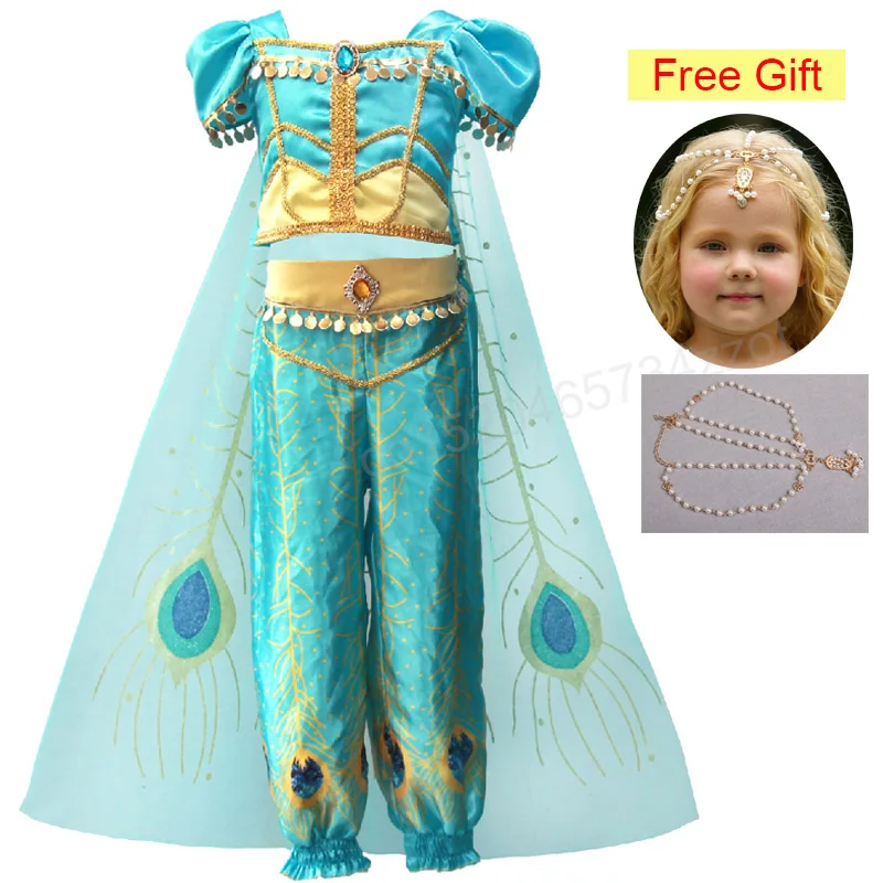 Jasmine Dress 3 Платье принцессы для девочек костюм Жасмин вечерние нарядное платье принцессы Костюмы Комплект Топ и штаны для детей, с рисунком "Аладдин" Волшебная лампа с бесплатным подарком - Цвет: Jasmine Dress 3