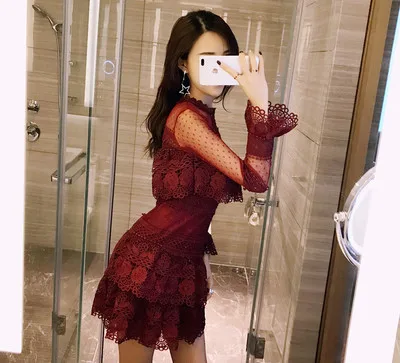 

Oshangchaopin Women Sundress Lace Sexy Party Dress Vestidos Fashion Patchwork Ruffles Sweet Cute Floral Crochet New Arrive Dress
