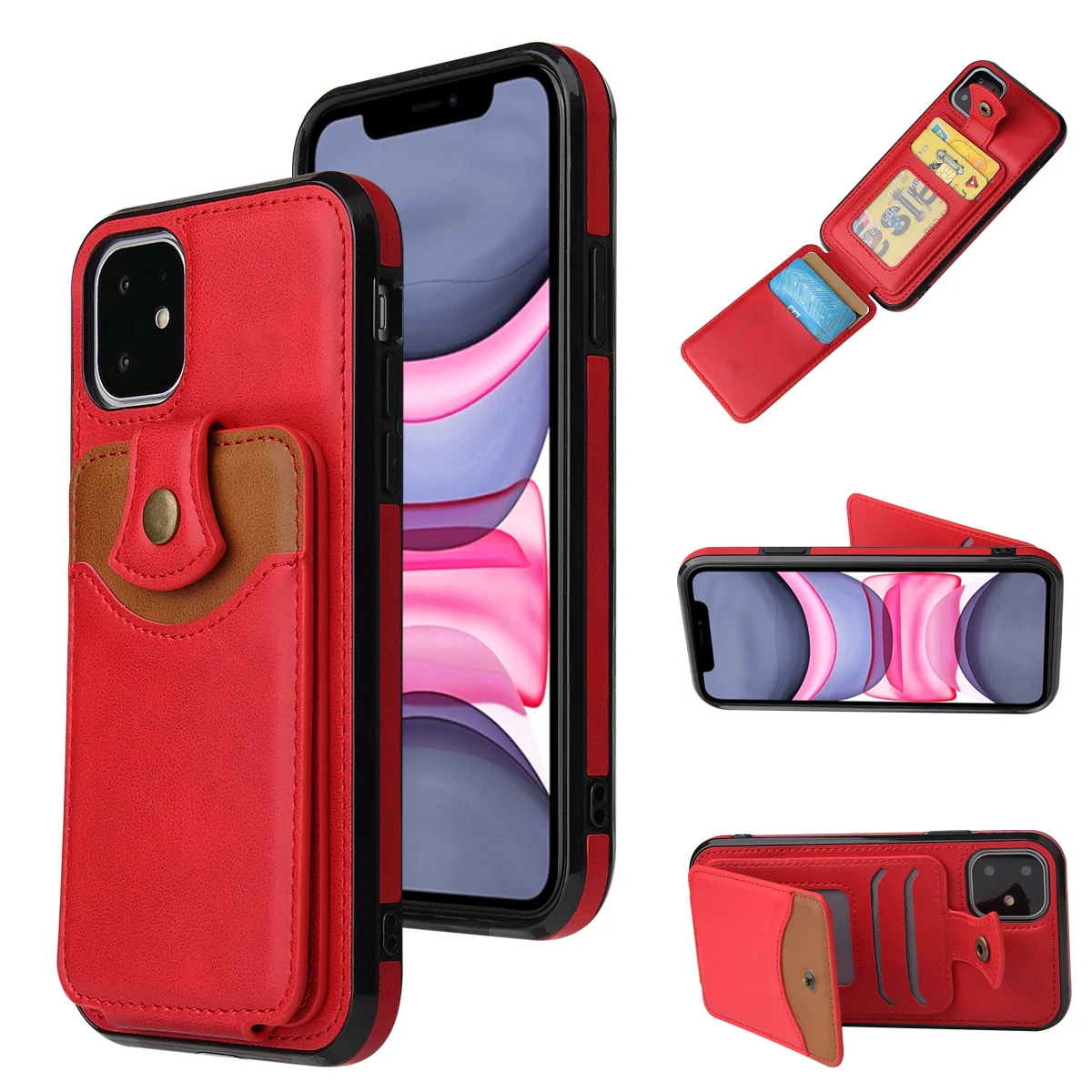Ретро из искусственной кожи чехол для IPhone 11 Pro X Xr XS Max 6 7 8 Plus слот для карт чехол держатель для Note 10 Pro huawei P30 Pro задняя крышка - Цвет: Красный