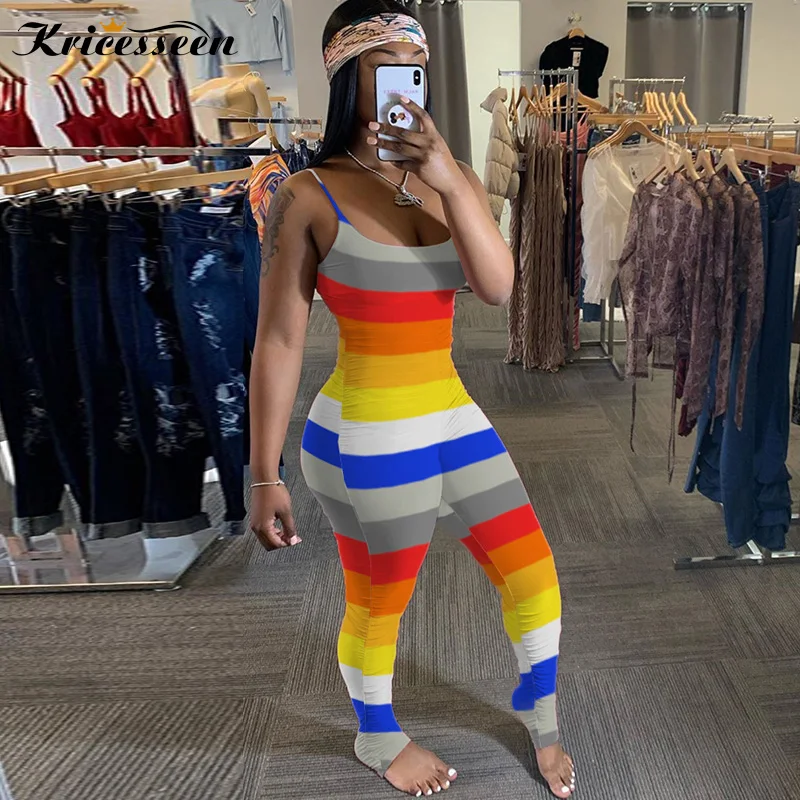 Kricesseen Fashion Straps Rainbow Striped Jumpsuits Rompers Casual Women Overalls Striped Print Bodycon Bodysuit Overalls Kricesseen Fashion Straps Rainbow Striped Jumpsuits Rompers Casual Women Overalls Striped Print Bodycon Bodysuit Overalls