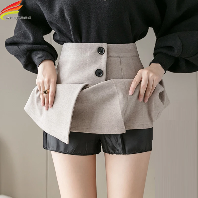 

Autumn Winter Wool Blends Skirt Women 2021 New Arrivals Buttons Pleated High Waist A Line Mini Skirts Beige Black faldas mujer