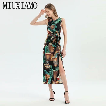 

MIUXIMAO High Quality 2020 Runway Designer Spring Dress Drum Leaf Print Elegant Casual beach dress Long Dress Women vestidos