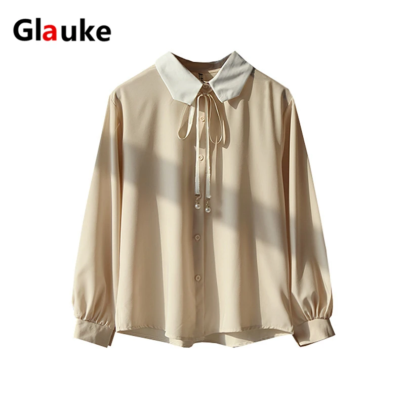

GLAUKE college style women s spring color contrast baby collar bow long sleeve single breasted shirt wholesale