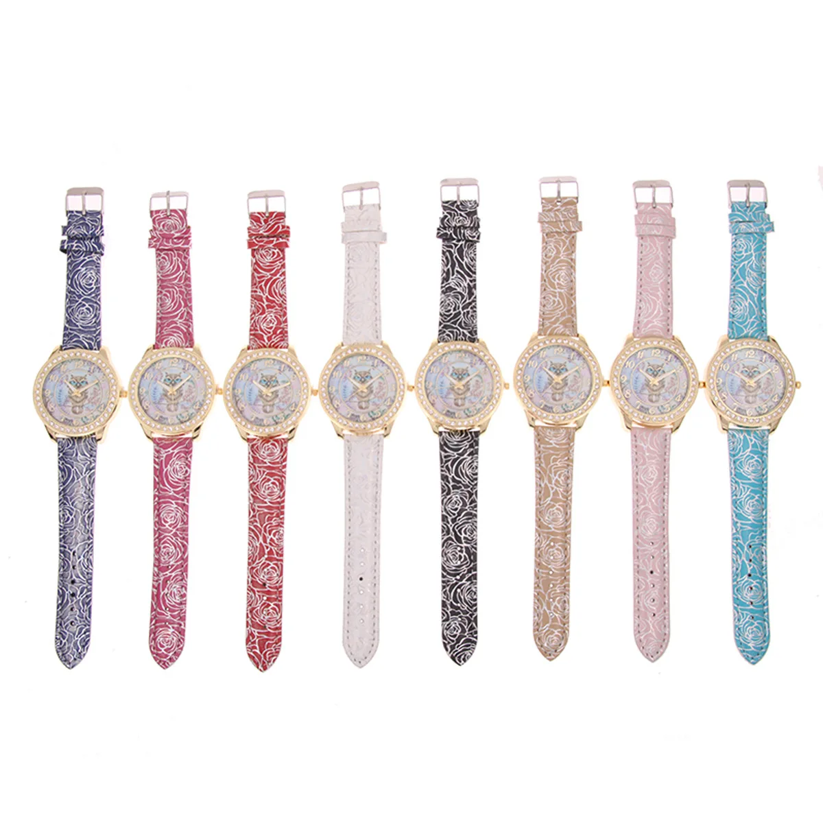 Роскошные женские наручные часы с розовым узором, кожаный браслет, дизайн совы, золотые повседневные часы со стразами