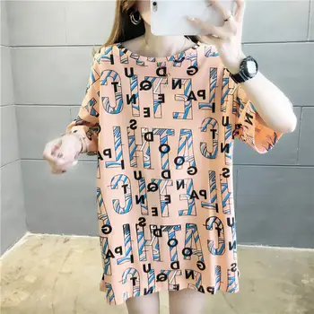 

Women Casual Short Sleeve O Neck Letters Floral Print Loose Long T-shirt Long Blouse Top