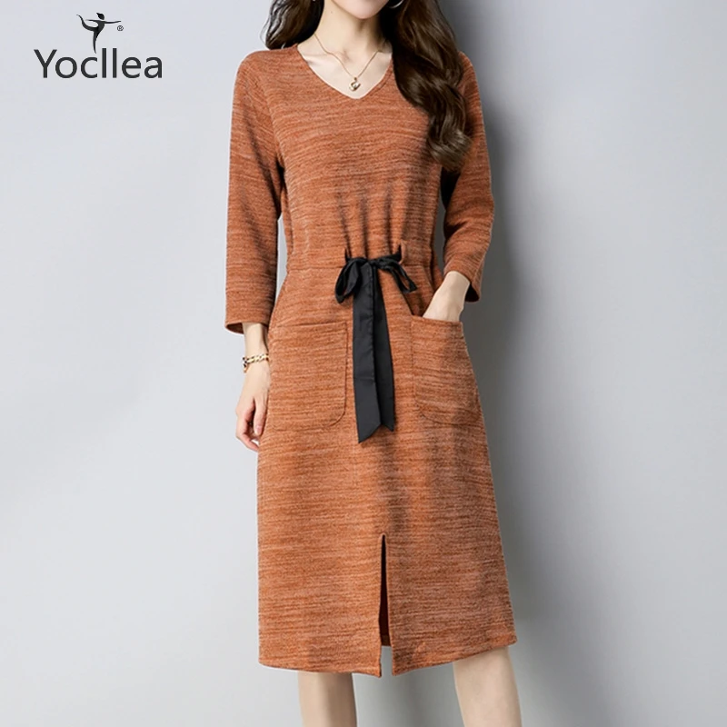 

Autumn women dress fashion Caramel Plus size V-Neck slim Knitting Long dresses with Pockets streetwear Office Lady Clothes