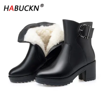 

HABUCKN 2020 new black mid calf wool snow boots women platform winter genuine leather snow boots heel luxury wool boots female