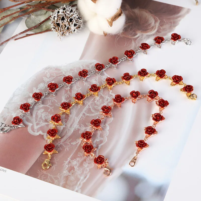 Прямая браслет красные розы цветы золотой цвет цепочка на запястье День Святого Валентина подарок для женщин модные ювелирные браслеты